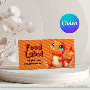 Etiqueta de comida de Charmander, tarjetas de tienda de comida de fiesta de cumpleaños, etiqueta de tienda de comida de Charmander 012