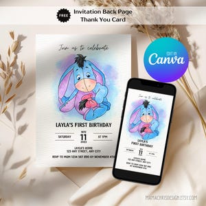 Eeyore Geburtstagseinladung, druckbare Geburtstagseinladung, bearbeitbare mobile Einladung, Dankeskarte 009