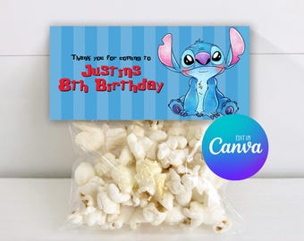 Plantilla de adorno para bolsa de regalo de Stitch, diseño editable para bolsa de regalo de cumpleaños, etiqueta imprimible para bolsa de regalo de cumpleaños 011