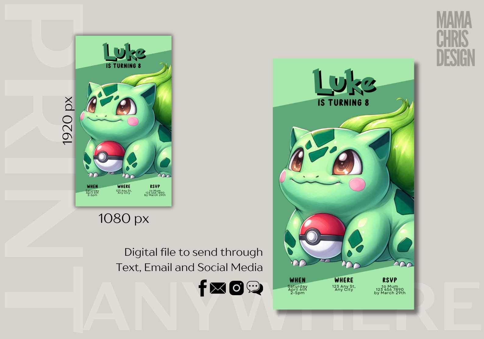 Bulbasaur Invitation Printable and Mobile Invitation Thank You Card ...