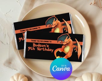 Charizard Chocolate Bar Wrapper, Editable Party Favour, Personalised Chocolate Bar Wrapper, Chocolate Bars 013