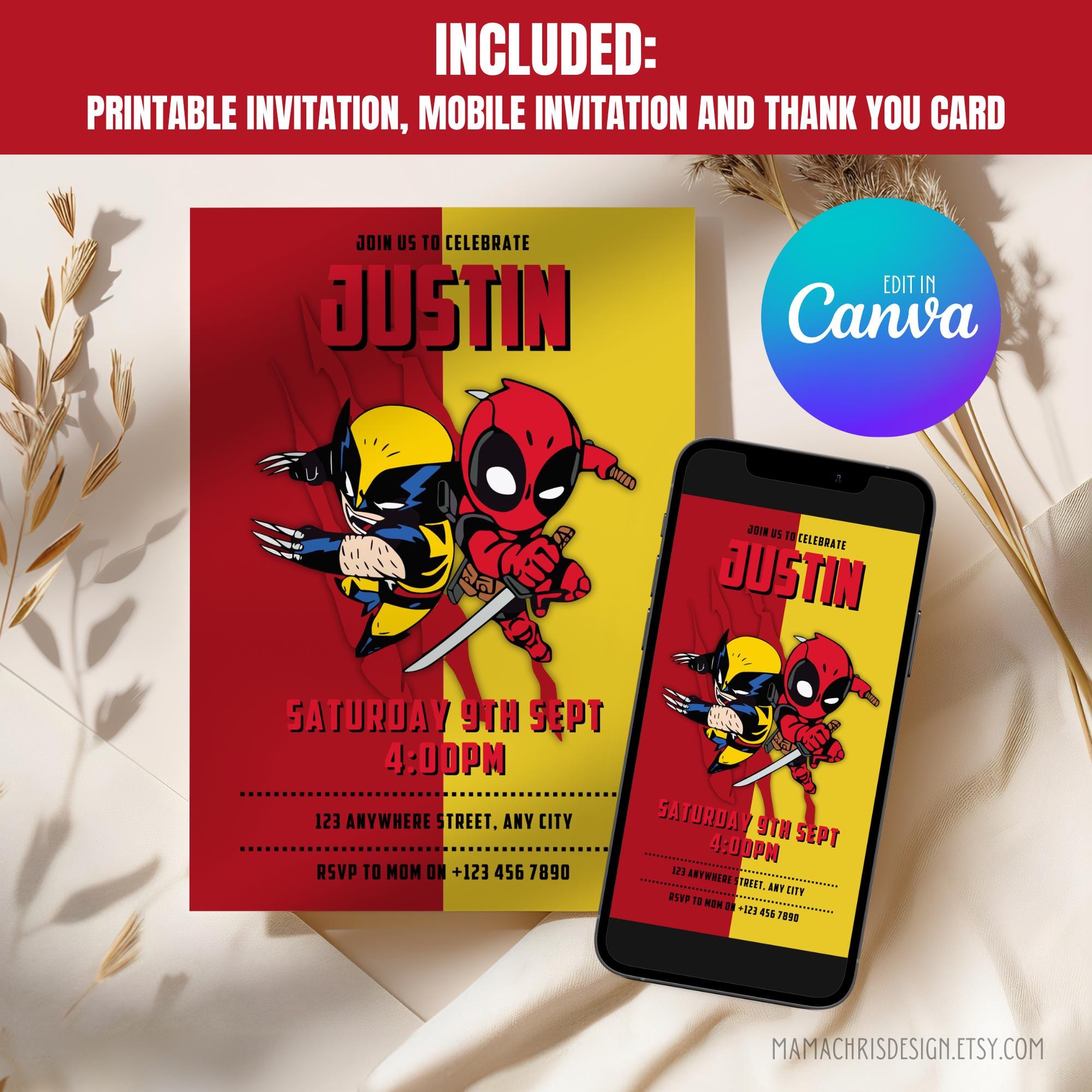 Deadpool & Wolverine Birthday Invitation, Printable Birthday Invitation, Editable Mobile Invitation, Thank You Card 021