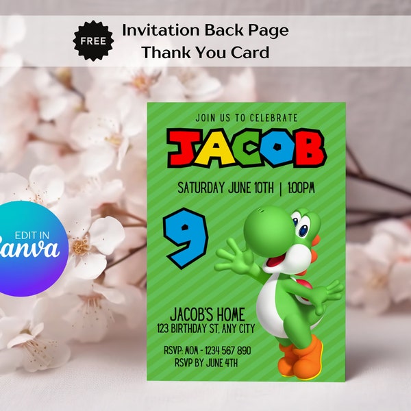 Yoshi Birthday Invitation | Printable Invitation | Thank You Card | Editable Template | Instant Download | DIY Party Decor 001