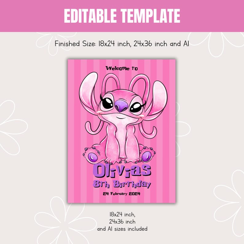 Lilo and Stitch Angel Welcome Sign Template, Editable Lilo and Stitch Birthday Easel Sign, Printable Decor Poster 040 image 2