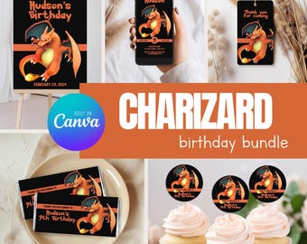 Charizard Birthday Party Bundle Template, Editable Birthday Party Bundle, Small Bundle Party 013