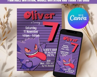 Gengar Birthday Invitation, Printable Birthday Invitation, Editable Mobile Invitation, Thank You Card 004
