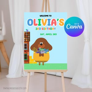 Plantilla de letrero de bienvenida "Hey Duggee", letrero de caballete editable para cumpleaños de "Hey Duggee", póster decorativo imprimible 034