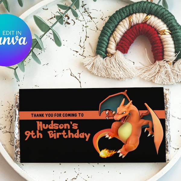 Charizard Chocolate Bar Wrappers | Printable Bar Wrappers | Editable Template | Instant Download | DIY Party Decor 013