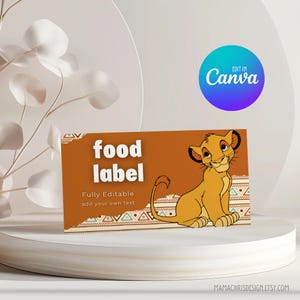 Rótulo de comida do Rei Leão, cartões de barraca de comida para festa de aniversário, Rótulo de barraca de comida Simba 041