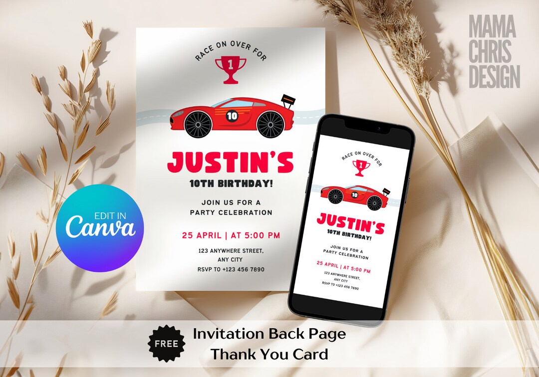 Motor Racing Theme Invitation Race Car Theme Birthday Party Invitation Template, Race Car Mobile ...