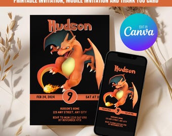 Charizard Birthday Invitation, Printable Birthday Invitation, Editable Mobile Invitation, Thank You Card 013