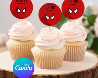 Spiderman Cupcake Topper, druckbarer Spiderman Topper, bearbeitbare Vorlage, Spiderman Party, Spiderman Geburtstag 035