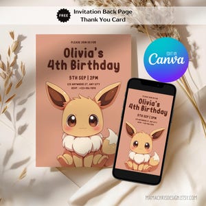 Faire-part d'anniversaire Evoli, faire-part d'anniversaire imprimable, faire-part mobile modifiable, carte de remerciement 030