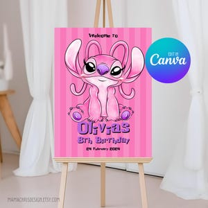 Lilo and Stitch Angel Welcome Sign Template, Editable Lilo and Stitch Birthday Easel Sign, Printable Decor Poster 040 image 1