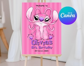 Lilo and Stitch Angel-welkomstbordsjabloon, bewerkbaar Lilo and Stitch-verjaardagsbord, afdrukbare decorposter 040