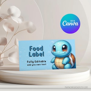 Squirtle Food Label, Birthday Party Food Tent Cards, Squirtle Food Tent Label 014