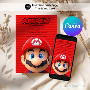 Invito di compleanno di Mario, Invito di compleanno stampabile, Invito mobile modificabile, Biglietto di ringraziamento 015