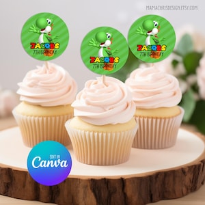 Yoshi Cupcake Topper, Printable Cupcake Topper, Editable Template, Yoshi Party, Mario Birthday 001