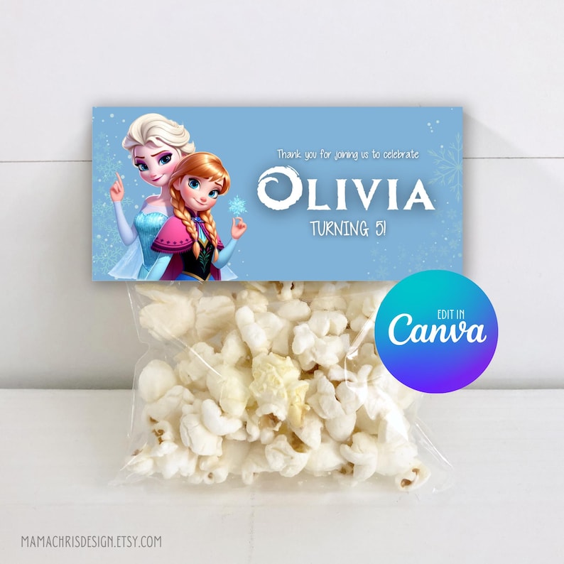 Plantilla de adorno para bolsa de golosinas de Frozen, diseño editable para bolsa de golosinas de cumpleaños, etiqueta imprimible para bolsa de golosinas de cumpleaños 033 imagen 1