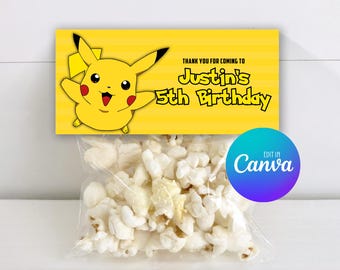 Plantilla de adorno para bolsa de golosinas de Pikachu, diseño editable para bolsa de golosinas de cumpleaños, etiqueta imprimible para bolsa de golosinas de cumpleaños 022