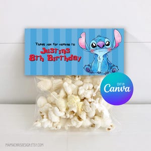 Modello di decorazione per borsa per dolcetti Stitch, design modificabile per borsa per dolcetti per compleanno, etichetta stampabile per borsa per dolcetti di compleanno 011