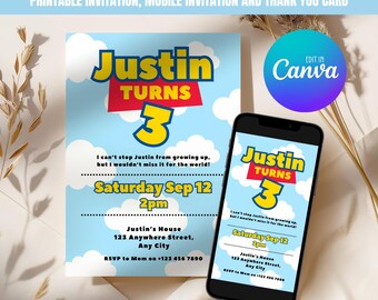 Toy Story Birthday Invitation, Printable Birthday Invitation, Editable Mobile Invitation, Thank You Card 026