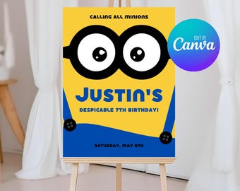 Minions Welcome Sign Template, Editable Minions Birthday Easel Sign, Printable Decor Poster 037