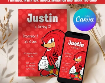 Knuckles Birthday Invitation, Printable Birthday Invitation, Editable Mobile Invitation, Thank You Card 018