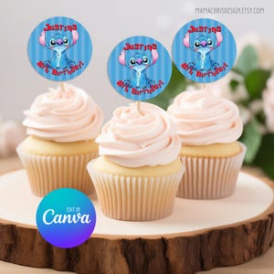 Stitch Cupcake Topper, Printable Cupcake Topper, Editable Template, Lilo and Stitch Party, Stitch Birthday 011