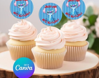 Adorno para cupcakes de Stitch, adorno imprimible para cupcakes, plantilla editable, fiesta de Lilo y Stitch, cumpleaños de Stitch 011