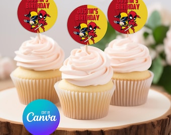 Adorno para cupcakes de Deadpool y Lobezno, adorno imprimible para cupcakes, plantilla editable, fiesta de Deadpool, cumpleaños de Lobezno 021