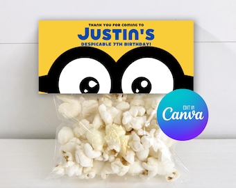 Plantilla para bolsa de dulces de los Minions, diseño editable para bolsa de dulces de cumpleaños, etiqueta imprimible para bolsa de dulces de cumpleaños 037