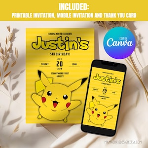 Pikachu Birthday Invitation, Printable Birthday Invitation, Editable Mobile Invitation, Thank You Card 022