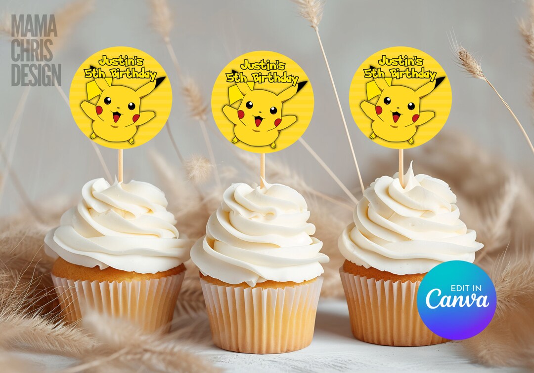 Pikachu Cupcake Topper, Printable Cupcake Topper, Editable Template ...