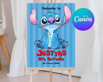 Stitch Welcome Sign Template, Editable Lilo and Stitch Birthday Easel Sign, Printable Decor Poster 011