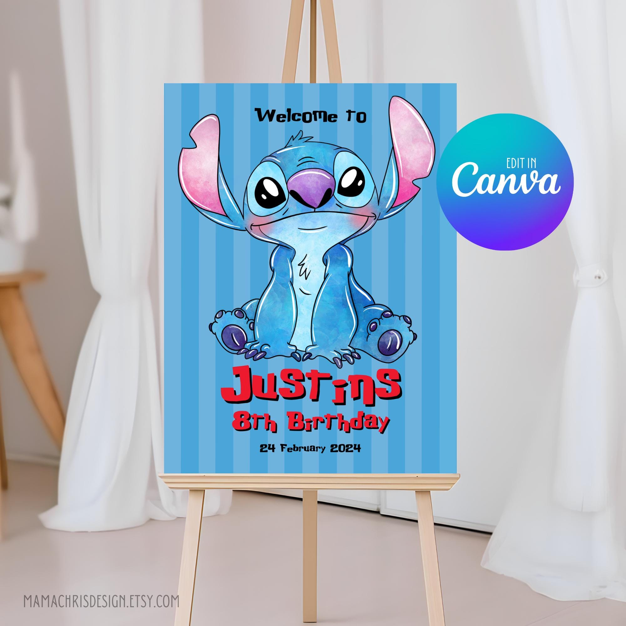 Sjabloon Stitch-welkomstbord, bewerkbare Lilo and Stitch-verjaardagsbord, afdrukbare decorposter 011