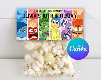 Plantilla de adorno para bolsa de dulces "Inside Out", diseño editable para bolsa de dulces de cumpleaños, etiqueta imprimible para bolsa de dulces de cumpleaños 036