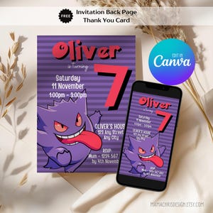 Convite de aniversário Gengar, convite de aniversário para impressão, convite móvel editável, cartão de agradecimento 004