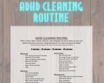 May include: A printable checklist for ADHD cleaning routine with a timer for 5, 10, 15, and 20 minutes. The checklist includes cleaning tasks for bedrooms, bathrooms, living areas, and miscellaneous areas.