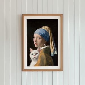 Johannes Vermeer’s Girl with a Pearl Earring and Cat – Vintage Cat Art Digital Download | Printable Cat Art | Whimsical Renaissance Decor
