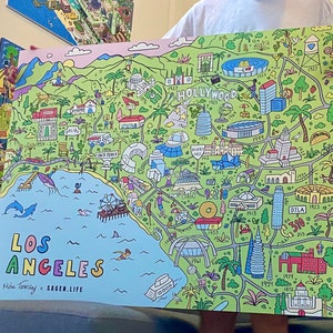 Los Angeles CA City Life Story Kunstdruck V2 - Individualisierbar - Kostenloser Versand - LA Map - Wandkunst - Digitale Illustration - Tolles individuelles Geschenk