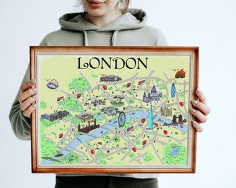 London City Life Story Art Print V1 - Wall Art - Digital Illustration - Map Layout - Great Gift - England Landmarks - UK - United Kingdom