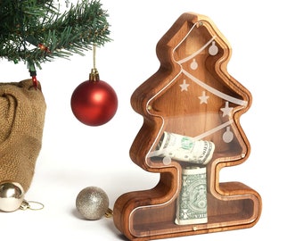 Wooden Christmas Tree Custom Coin Bank, Large Christmas Deer Piggy Bank for Boy Girl Newborn, Personalized Santa Claus Money Box Easter Gift