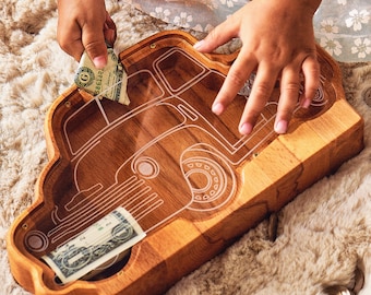 Personalized Wooden Vehicle Coin Bank – Modern Nursery Decor for Kids, Minimalist Bicycle Truck Train Money Bank