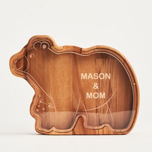Solid Wood Mama Bear Piggy Bank, Name Engraved Coin Bank, Forest Animal Money Box, Personalized Baby Baptism Easter Nephew Gift From Aunt