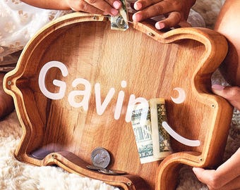 Personalized Wooden Coin Bank for Kids – Custom Name Animal Piggy Bank, Beech Wood Money Bank Nursery Decor Gift