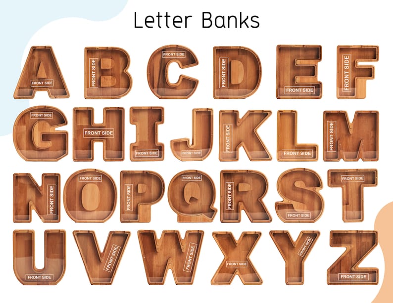 May include: Wooden letter banks in the shape of the alphabet. Each letter is a separate wooden bowl with a cutout of the letter. The letters are arranged in alphabetical order.