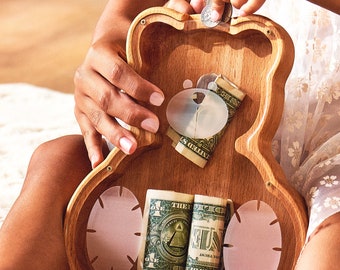 Personalized Wooden Coin Bank for Kids, Custom Name Piggy Bank, Beech Wood Money Bank with Acrylic Window, Baby Gift