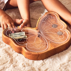 Natural Wood Large Butterfly Piggy Bank, Animal Coin Bank, Baptism Gift Girl Boy Granddaughter, Laser Engraving Money Box, Baby Christmas