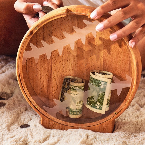 Personalized Sports Ball Wooden Coin Bank for Kids – Custom Football Basketball Soccer Money Bank Gift